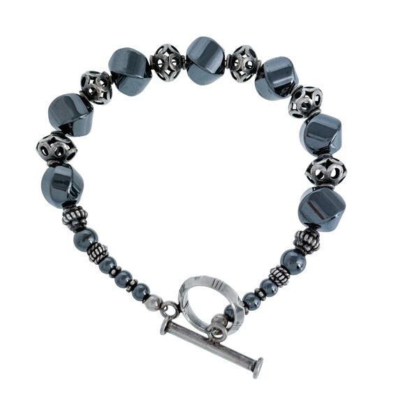 Graduated Hematite Beaded Toggle Bracelet | Estate Sterling Silver 925 | 8" - Picture 3 of 5